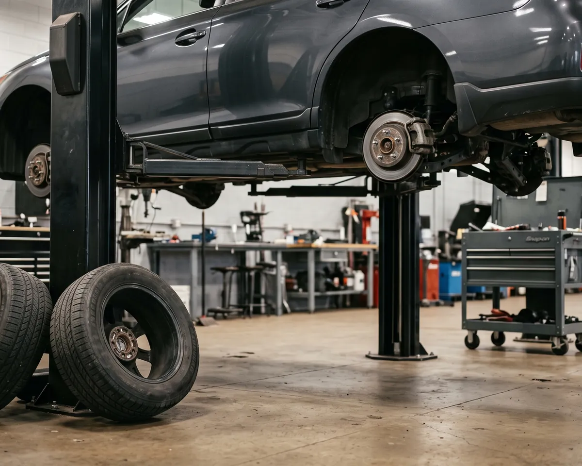 A bay in Sacramento with a vehicle on the lift and all four wheels off